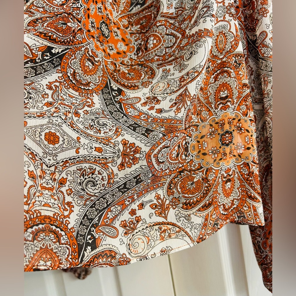 Rachel Zoe BOHO Long Sleeve Sheer Rust and Cream Paisley Button-Down Shirt. - Picture 7 of 7